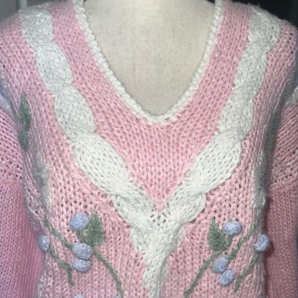 SML Sport Womens Hand-Knit Pink V-Neck Floral Sweater Medium Ramie Blend Vintage - Picture 4 of 11